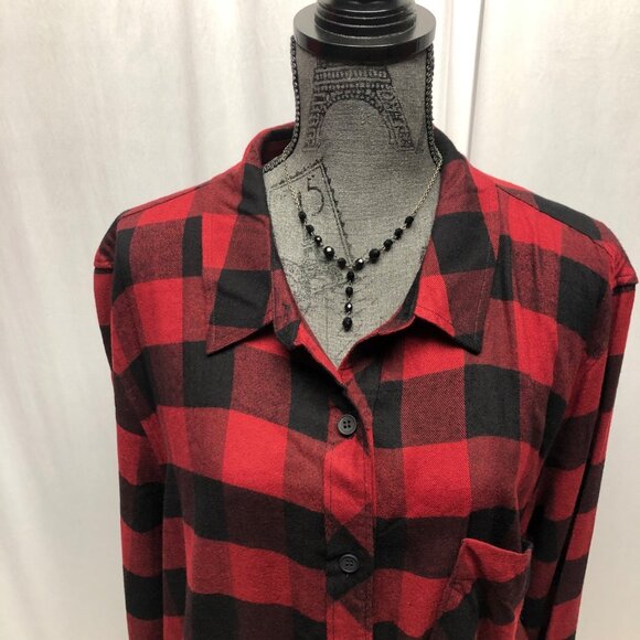 Becool Red Black Buffalo Plaid Button Up Long Shirt Womens Size 3XL Flannel NEW - Picture 2 of 9